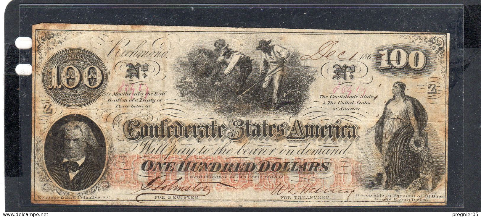 Baisse De Prix USA - Billet  100 Dollar États Confédérés 1862 TTB/VF P.045 - Valuta Van De Bondsstaat (1861-1864)