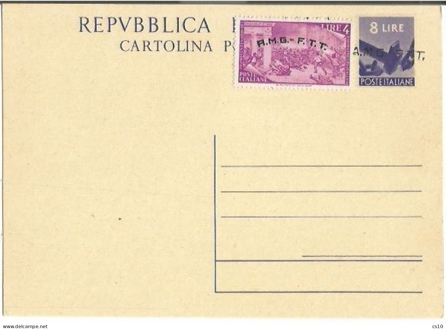 Trieste "A" AMG-FTT 1947 Cart.Postale Democratica L.8 #C2 Soprast.A Con Risorgimento L.4 Nuova NON VIAGGIATA - Storia Postale