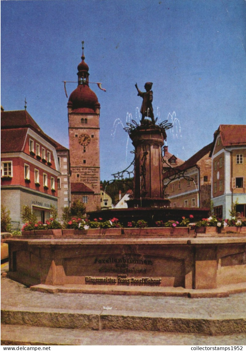 WAIDHOFEN AN DER YBBS, ARCHITECTURE, CHURCH, TOWER WITH CLOCK, FOUNTAIN, STATUE, CAR, AUSTRIA, POSTCARD - Waidhofen An Der Ybbs