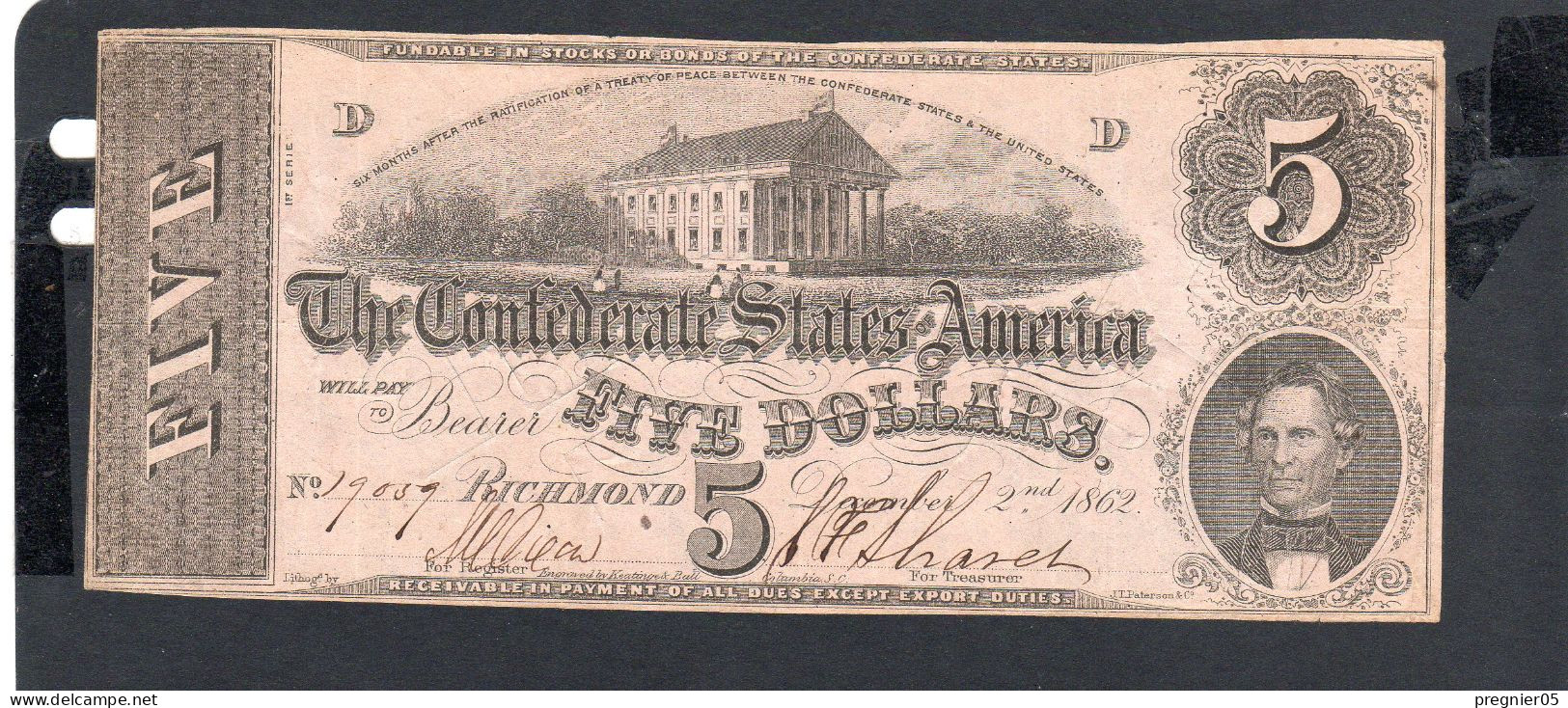 USA - Billet  5 Dollar États Confédérés 1862 TB-/F- P.051 - Confederate Currency (1861-1864)