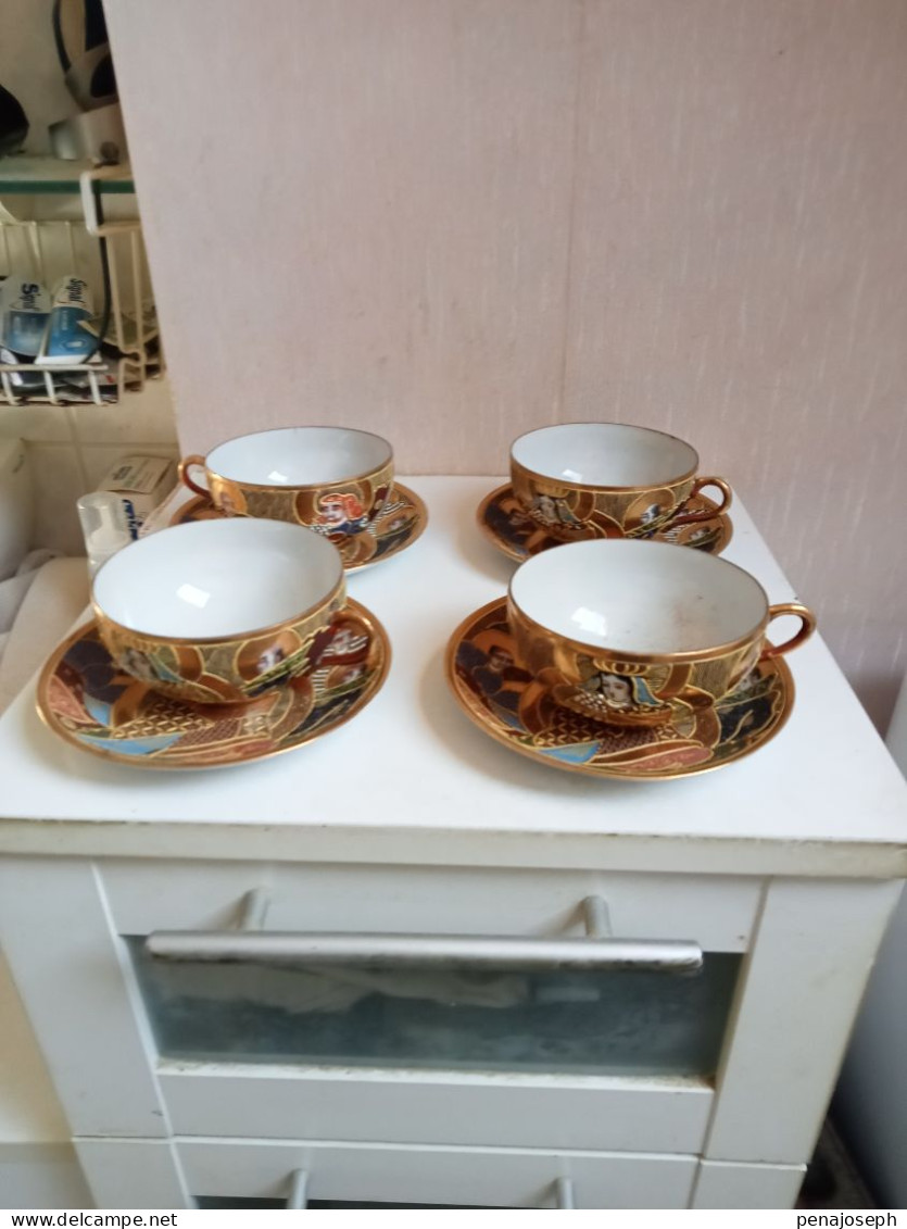 4 Services à Thé Porcelaine Japonais, 4 Tasses Et 4 Sous Tasses Diamètre 14 Cm - Art Asiatique