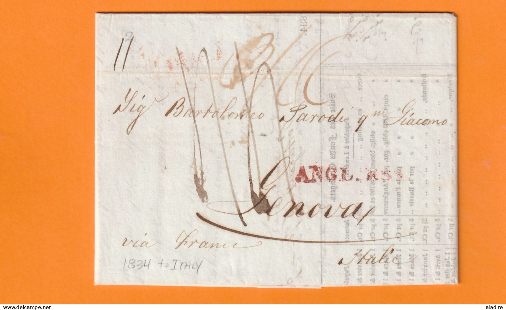1834 - King William  IV - Lettre Pliée De 4 P. De LONDON Londres Vers GENOVA, Italia - Via FRANCE Francia - Taxe 44 - ...-1840 Prephilately
