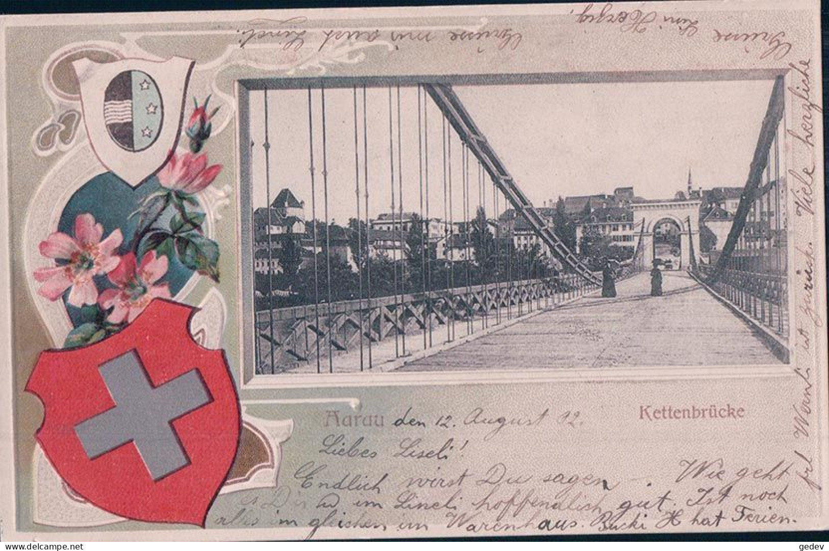 Aarau AG, Kettenbrücke, Armoirie Et Fleurs Cadre Litho Gaufrée (12.8.1902) - Aarau