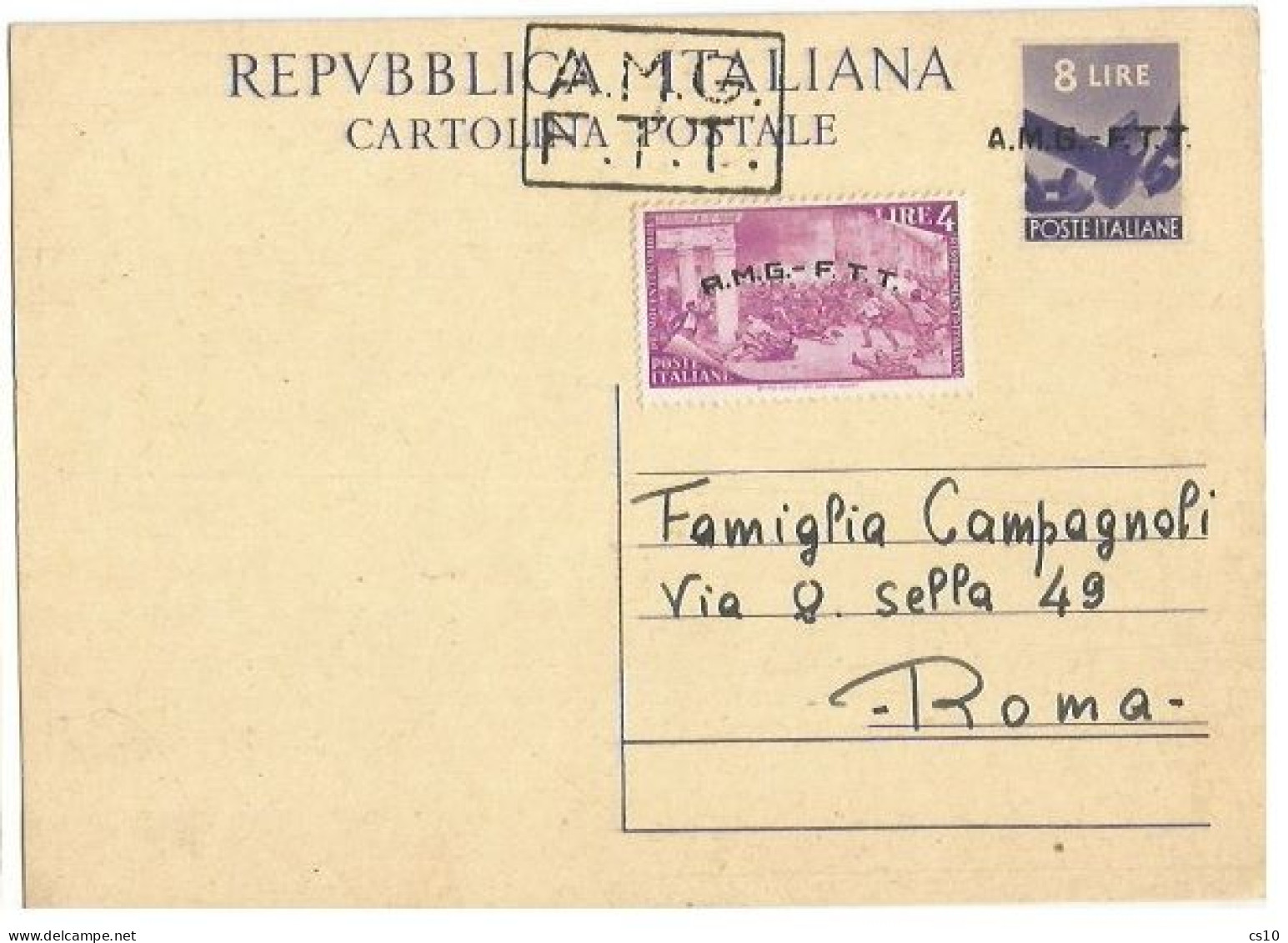 Trieste "A" AMG-FTT 1947 Cart.Postale Democratica L.8 #C2A Soprast.A+B + Risorgimento L.4 Nuova Intestata NON VIAGGIATA - Marcofilie