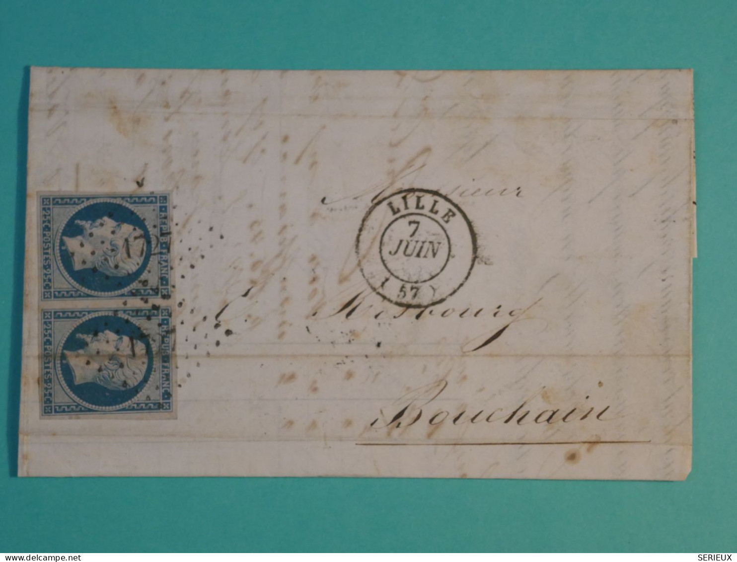 DG14 FRANCE  BELLE   LETTRE RR   1854 LILLE A BOUCHAIN  +PAIRE DE N°10 +AFF. INTERESSANT+++ - 1852 Louis-Napoleon