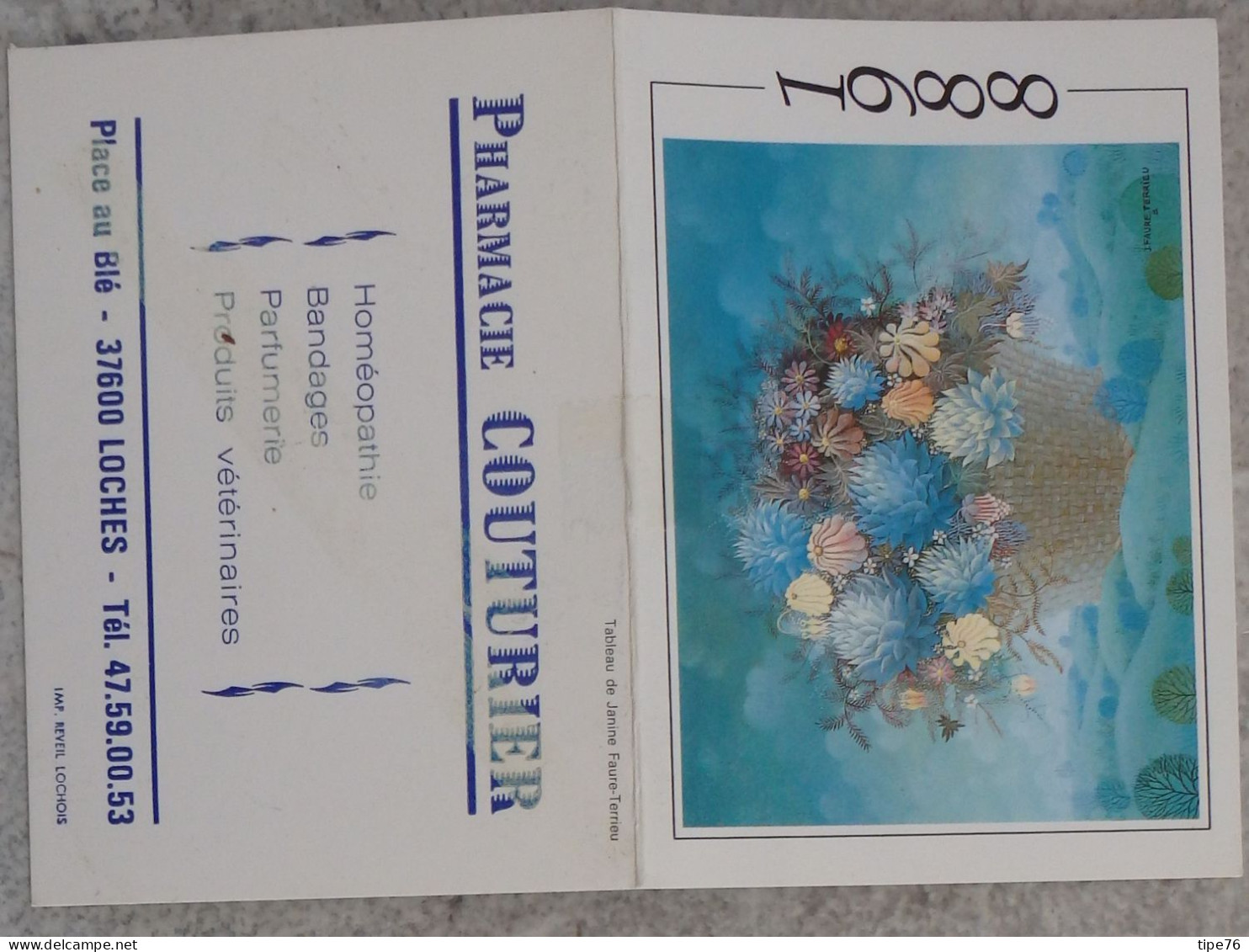 Petit Calendrier De Poche 1988 Tableau Peinture Janine Faure Terrieu Fleurs - Pharmacie Loches Indre Et Loire - Petit Format : 1981-90