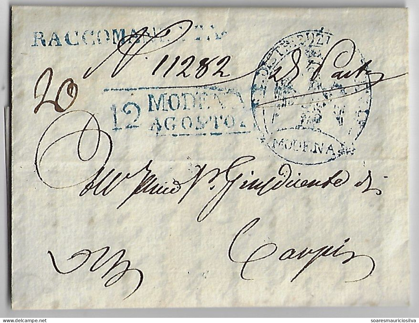 Italy Modena 1847 Fold Cover Registered Sent To Carpi Bollata 25 Cents Eagle Cancel Paper With Watermark - Modène