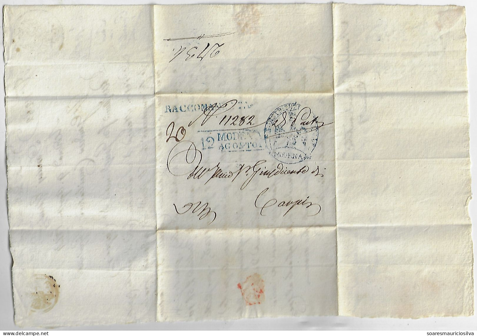 Italy Modena 1847 Fold Cover Registered Sent To Carpi Bollata 25 Cents Eagle Cancel Paper With Watermark - Modena