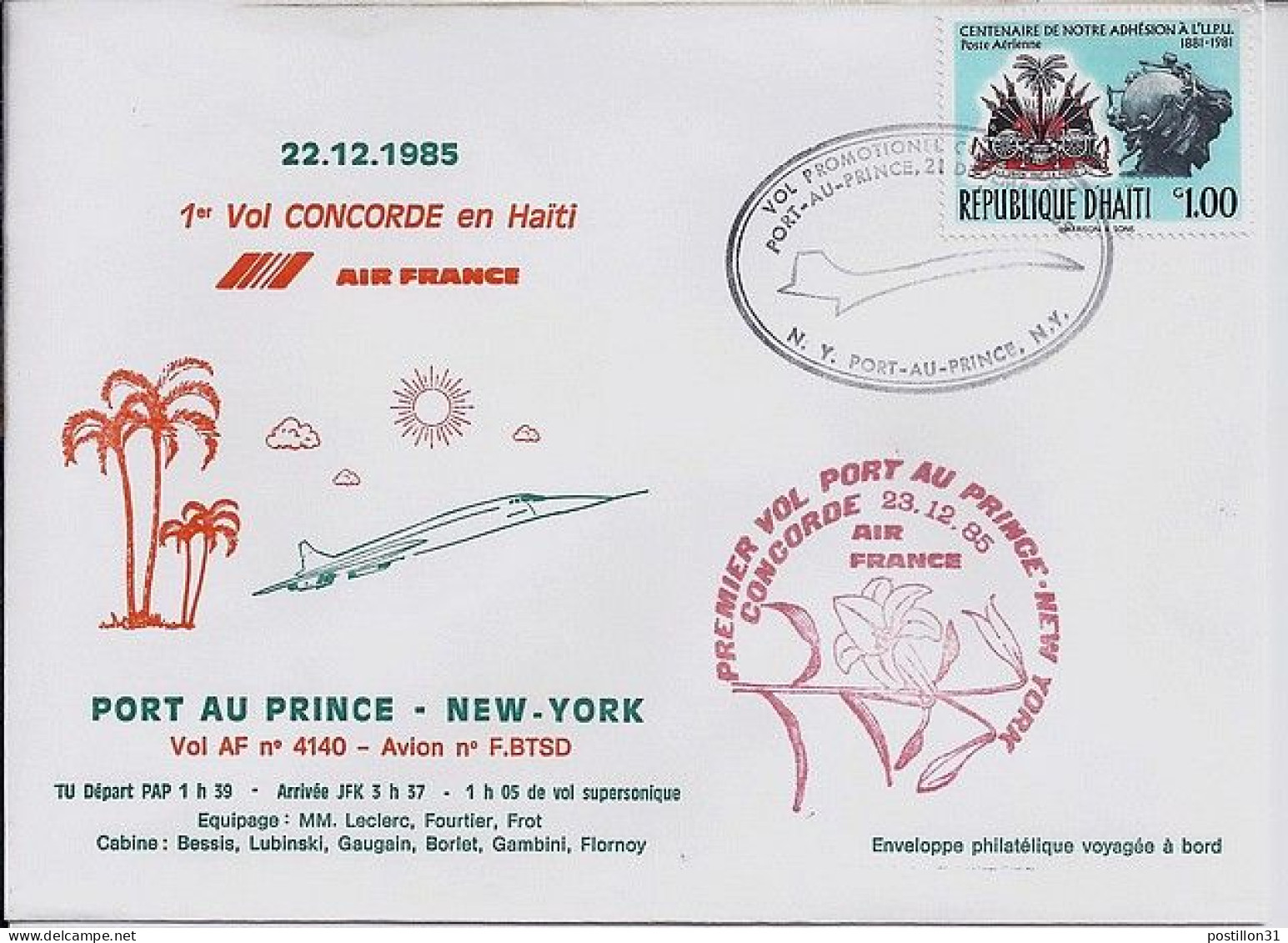 HAITI N° PA628 S/L. DE PORT AUX PRINCES/23.12.85 POUR NEW YORK 1° VOL CONCORDE - Haïti