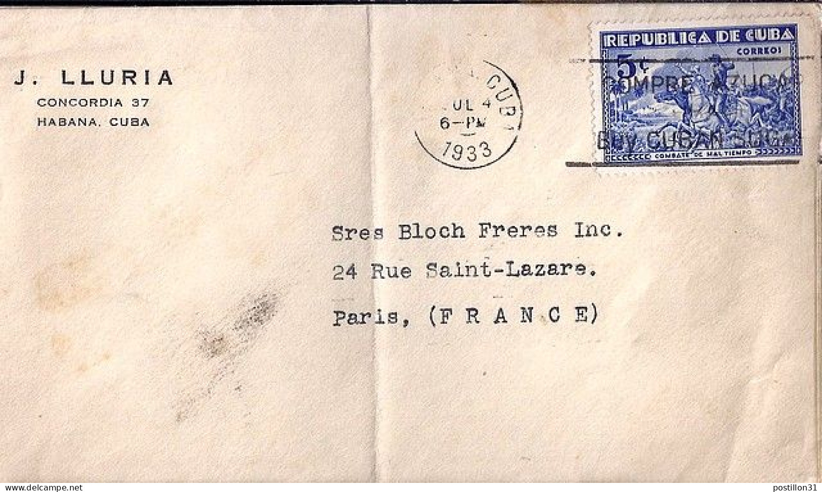 CUBA N° 213 S/L. DE LA HAVANE/4.7.33 POUR LA FRANCE - Storia Postale