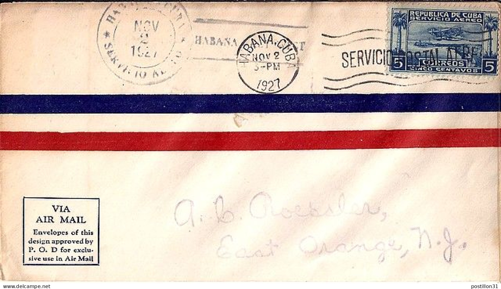 CUBA N° PA1 S/L. DE LA HAVANE/2.11.27 POUR LES USA - Lettres & Documents