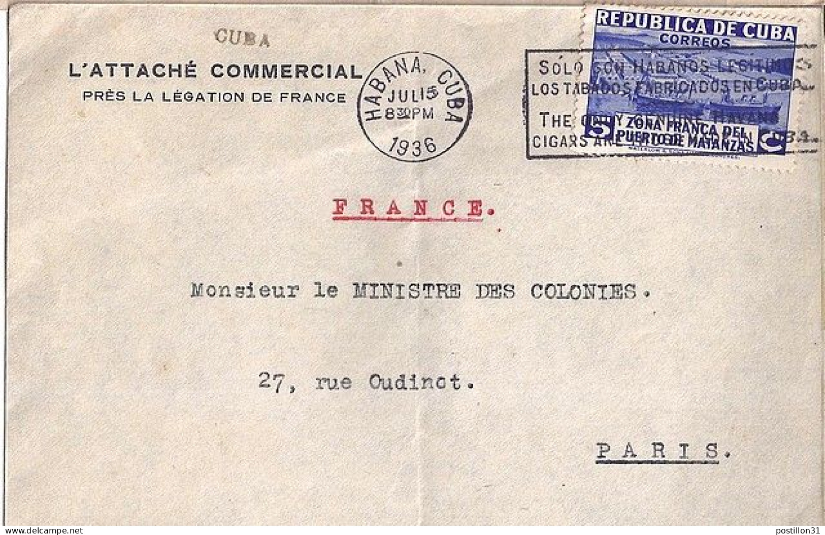 CUBA N° 224 S/L. DE LA HAVANE/15.7.36 POUR LA FRANCE - Lettres & Documents