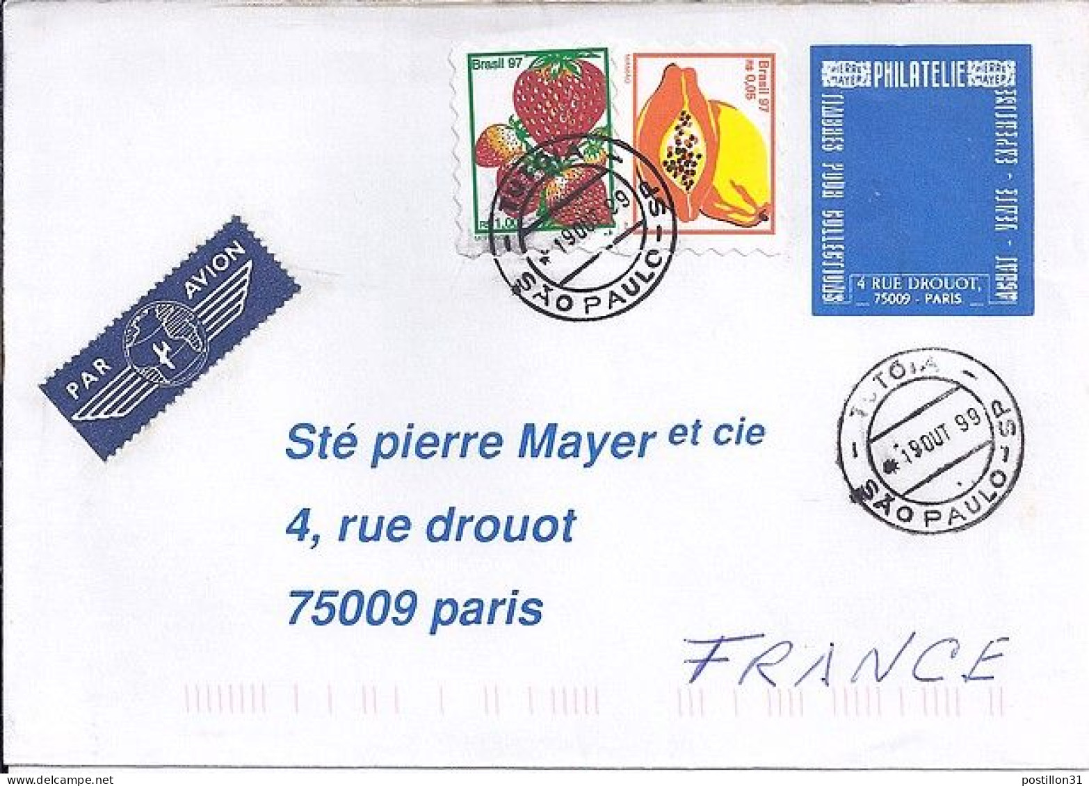 BRESIL N° S/L. DE SAO PAULO/1999 POUR LA FRANCE - Cartas & Documentos