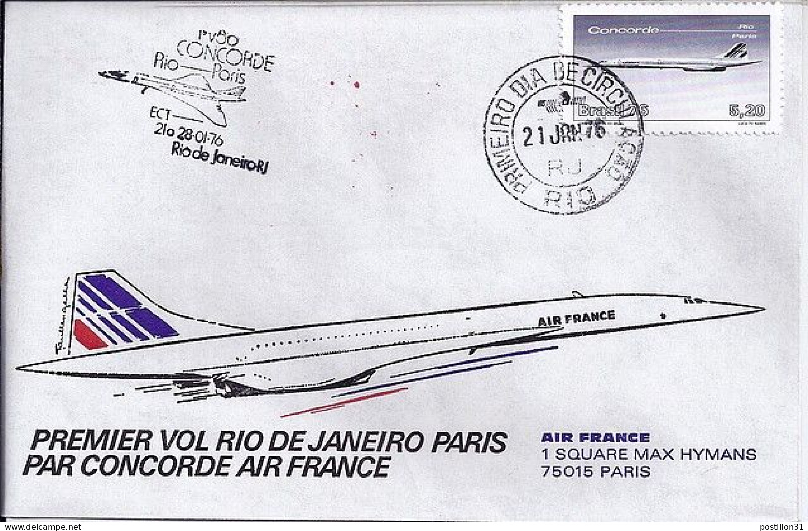 BRESIL N° 1183 S/L. DE RIO/21.1.76 POUR LA FRANCE+ 1° VOL CONCORDE RIO/PARIS - Covers & Documents