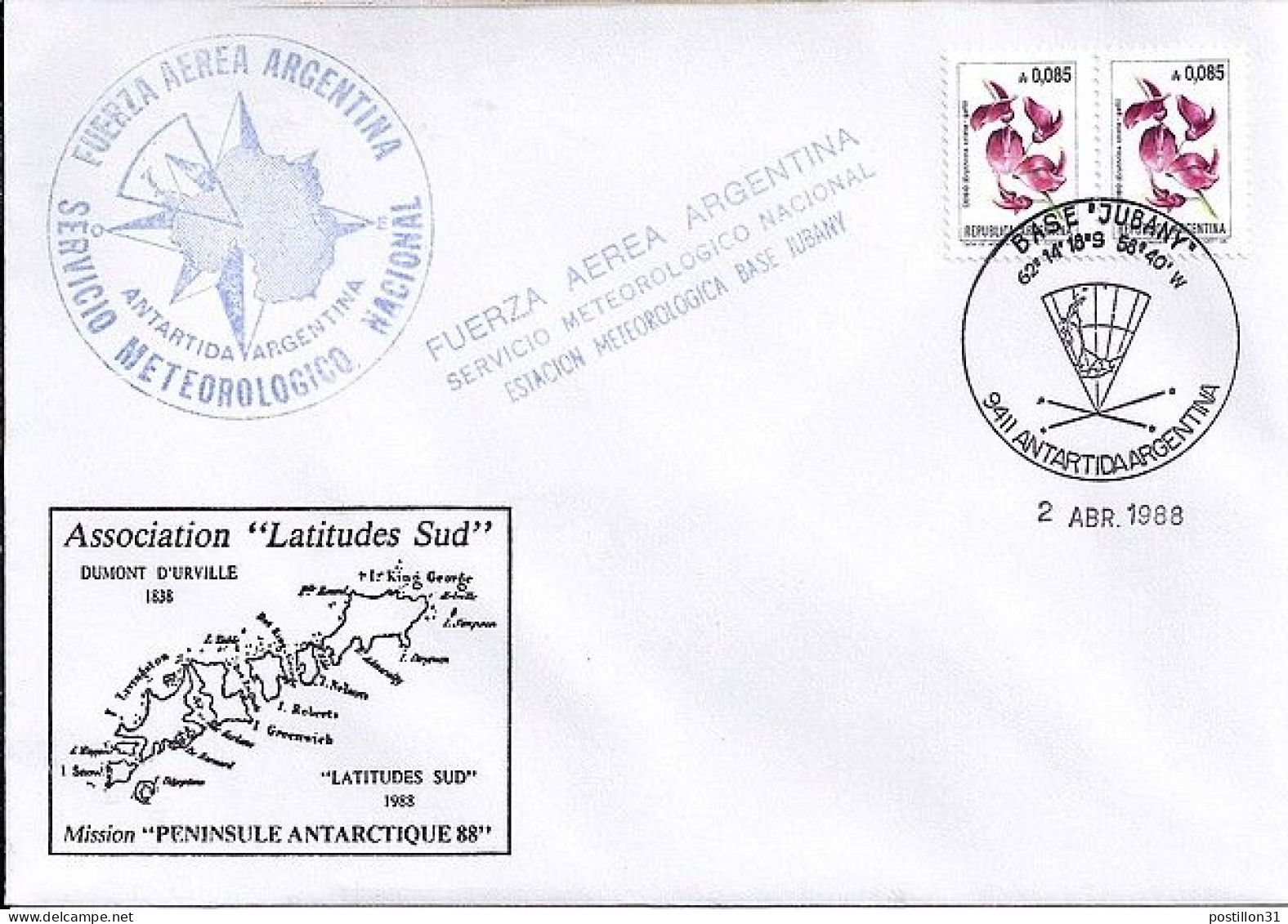 ARGENTINE N° 1479x2 S/L. DE BASE JUBANY/2.4.88  - Storia Postale