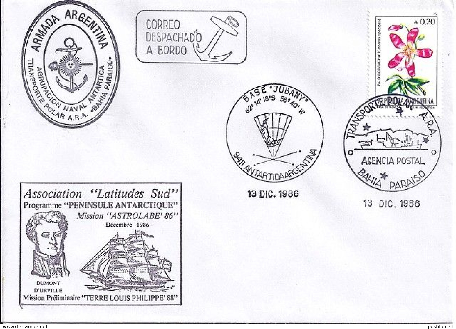 ARGENTINE N° 1476 S/L. DE BASE JUBANY/13.12.86  - Storia Postale