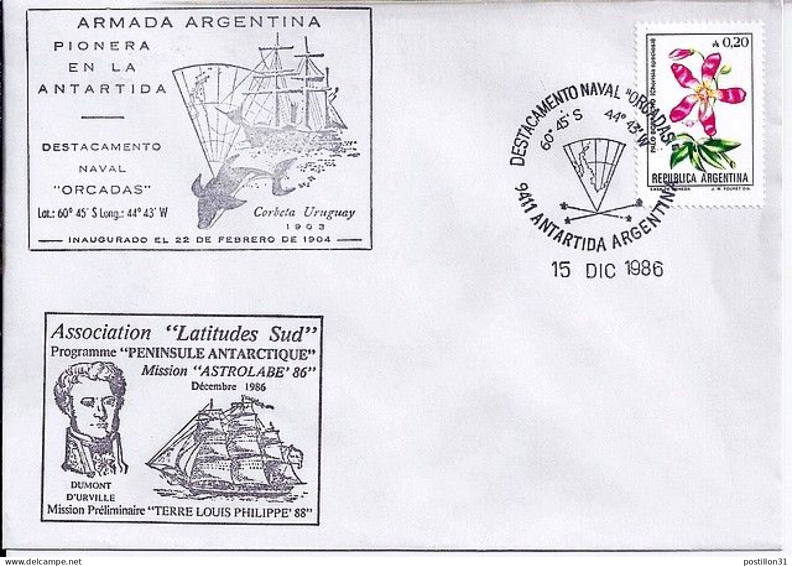 ARGENTINE N° 1476 S/L. DE ANTARTIDA/15.12.86  - Lettres & Documents