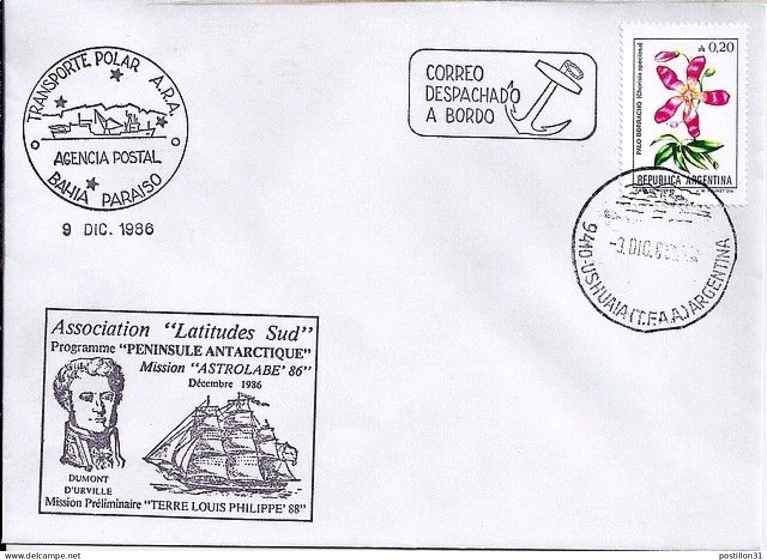 ARGENTINE N° 1476 S/L. DE USHUAIA/BAHIA PARAISO/9.12.86 - Cartas & Documentos