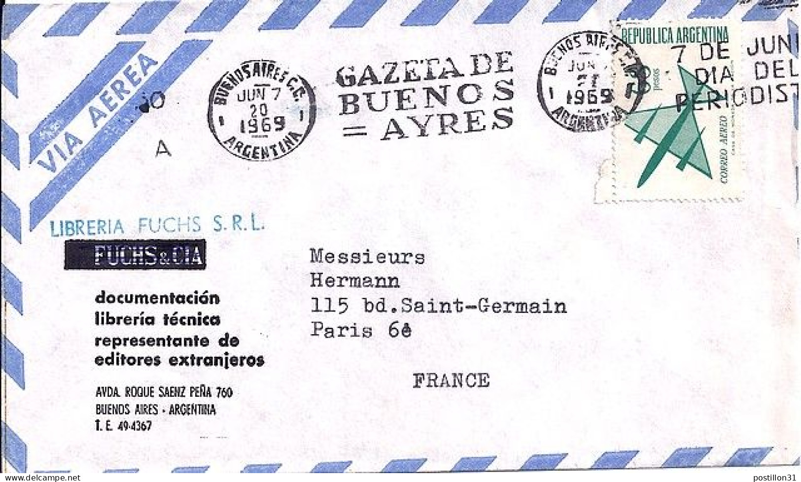 ARGENTINE N° PA120 S/L. DE BUENOS AIRES/7.6.69 POUR LA FRANCE - Brieven En Documenten