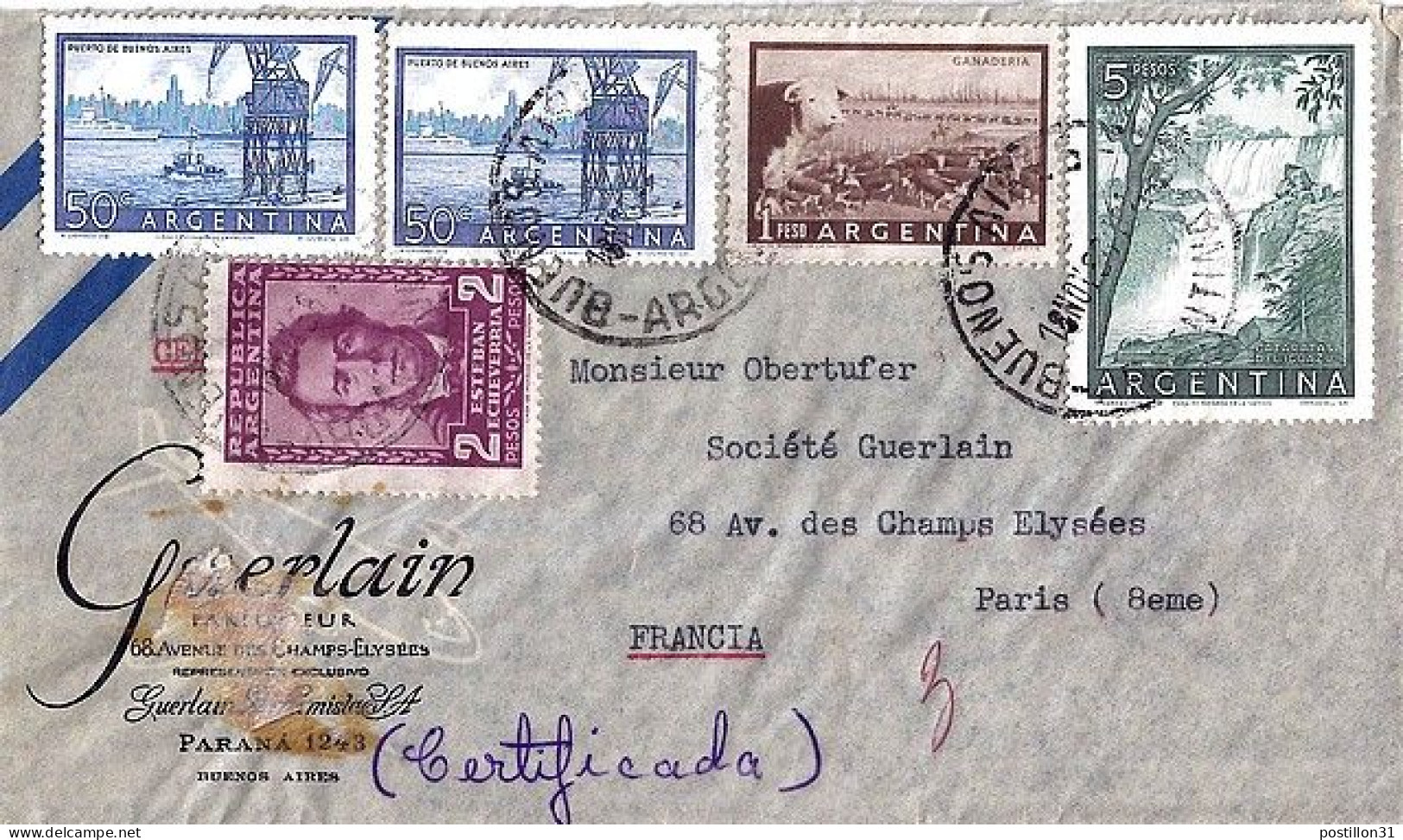 ARGENTINE N° 549/546Ax2/547A/278 S/L. DE BUENOS AIRES/18.11.58 POUR LA FRANCE - Storia Postale