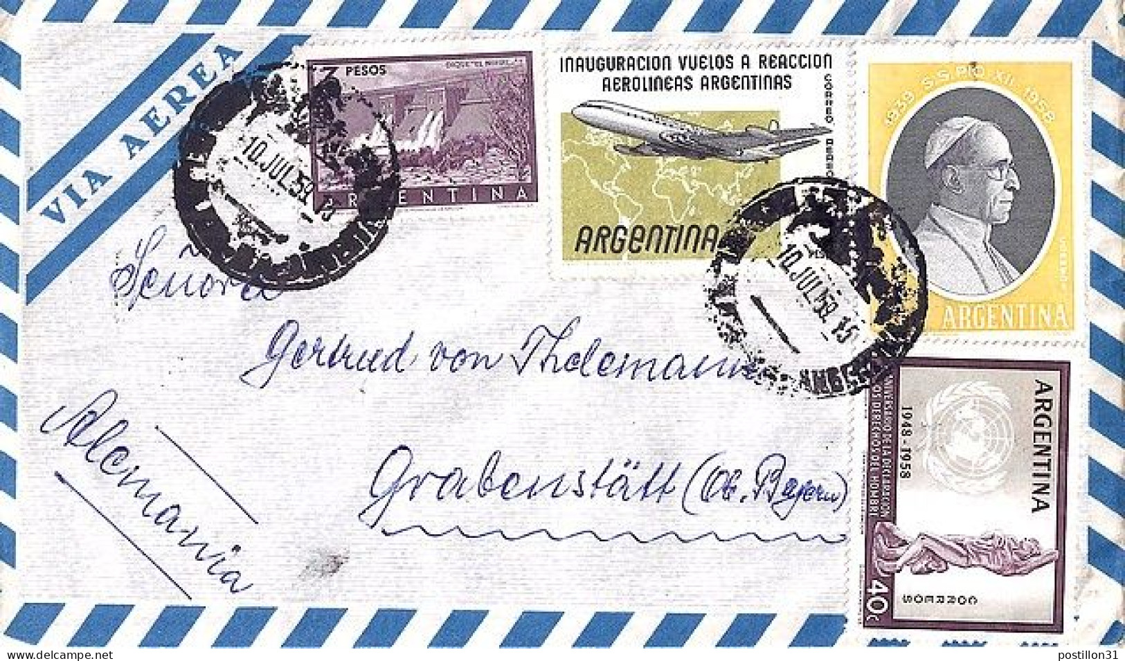 ARGENTINE N° 597/595/548A/PA62 S/L. DE BUENOS AIRES/10.7.59 POUR L’ALLEMAGNE - Storia Postale