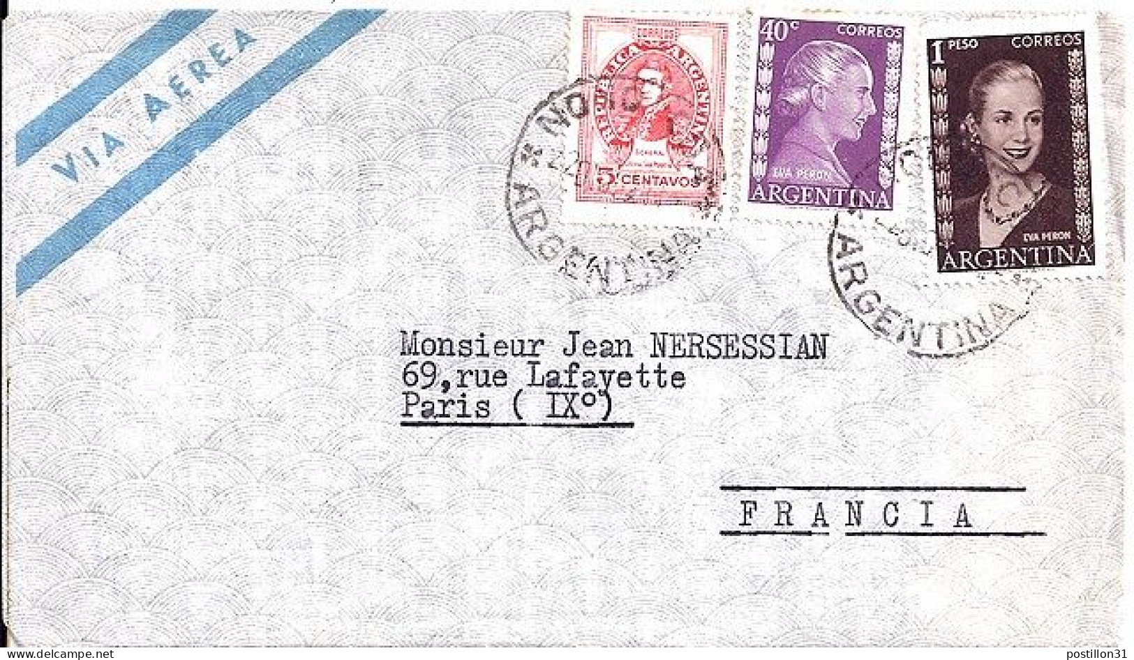 ARGENTINE N° 525/522/462 S/L. DE NONO COA/22.12.52 POUR LA FRANCE - Brieven En Documenten