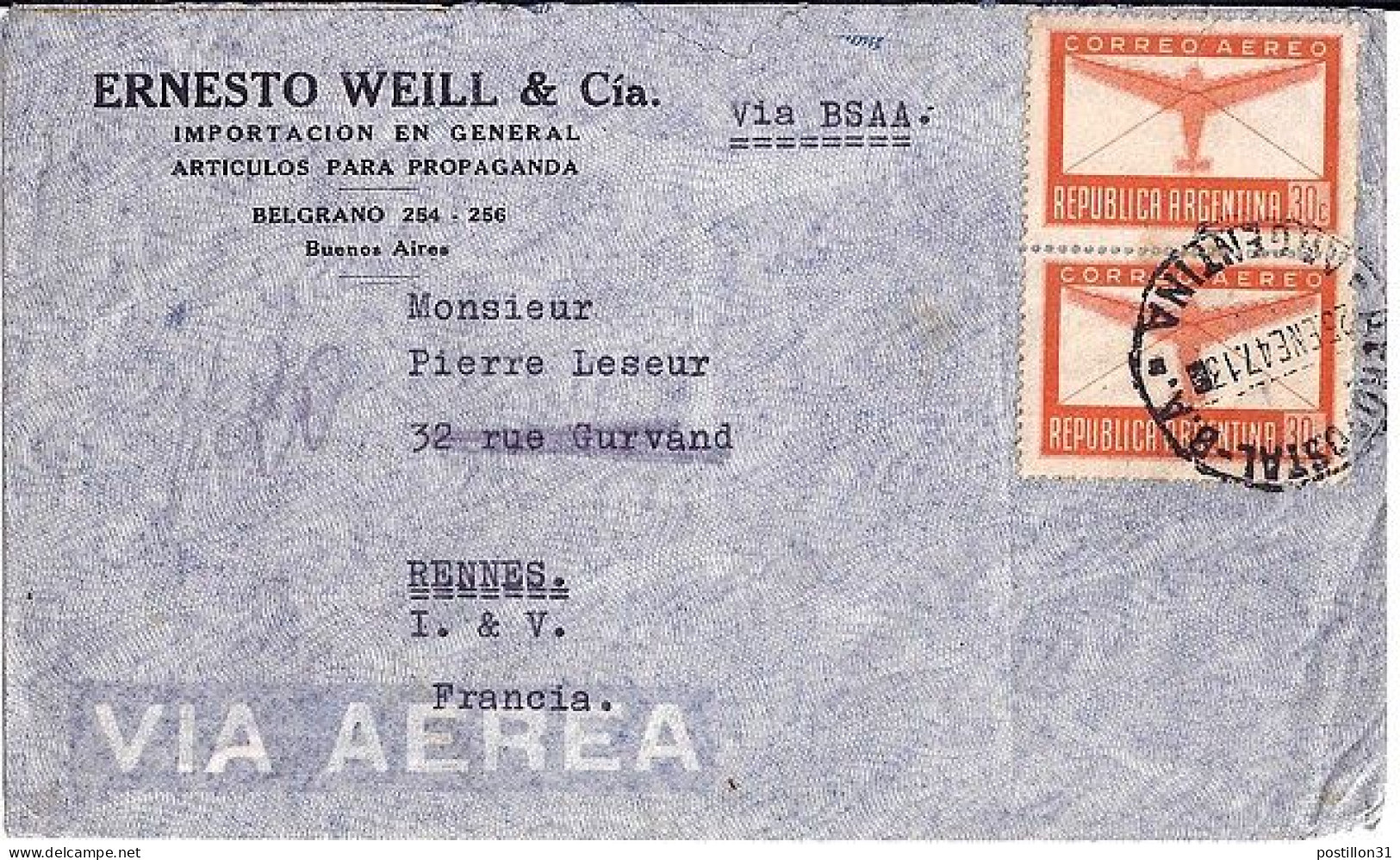 ARGENTINE N° PA20x2 S/L. DE BELGRANO/25.2.47 POUR LA FRANCE - Storia Postale