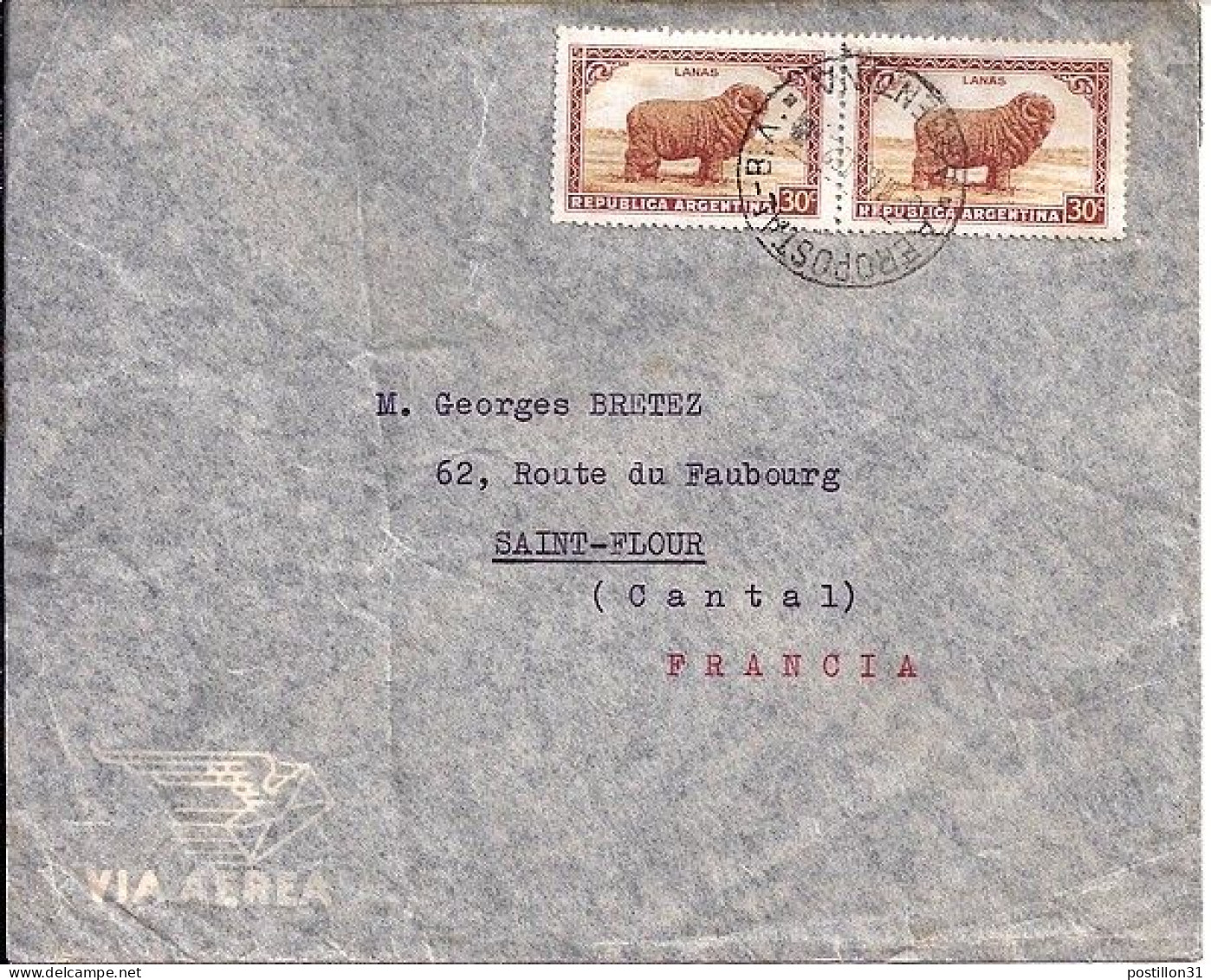ARGENTINE N° 377x2 S/L. DE BUENOS AIRES/3.3.48 POUR LA FRANCE - Briefe U. Dokumente
