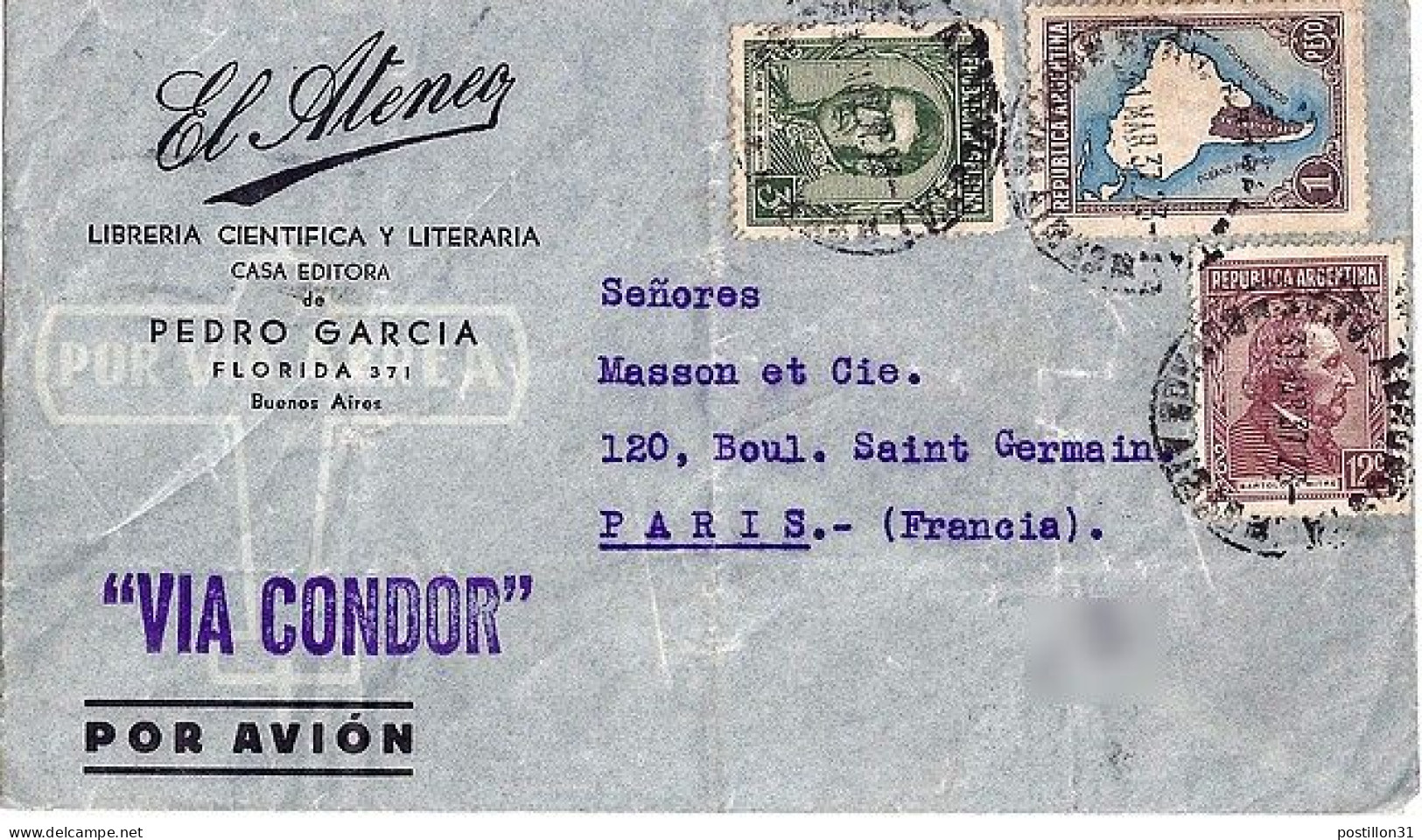 ARGENTINE N° 366/371/386 S/L. VIA CONDOR DE BUENOS AIRES/31.3.37 POUR LA FRANCE - Storia Postale