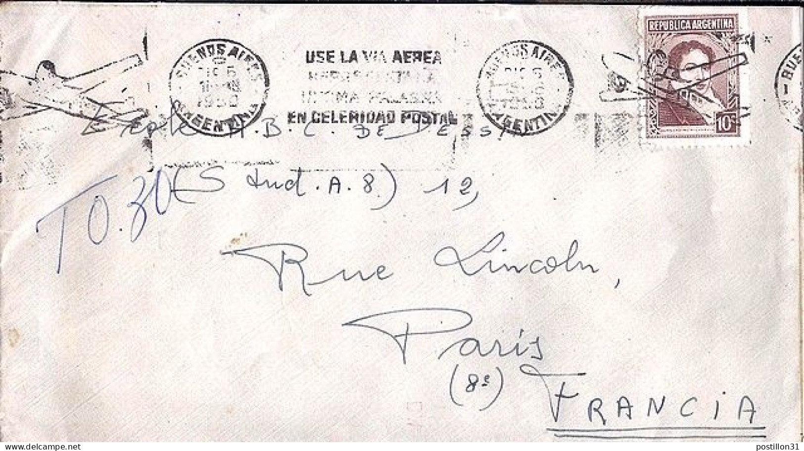 ARGENTINE N° 370 S/L. DE BUENOS AIRES/11.8.50 POUR LA FRANCE - Briefe U. Dokumente