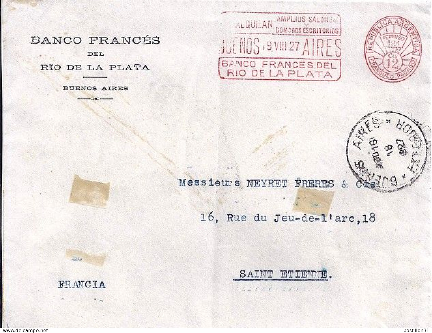 ARGENTINE N° EMA 12c S/L. DE BUENOS AIRES/19.8.27 POUR LA FRANCE - Briefe U. Dokumente