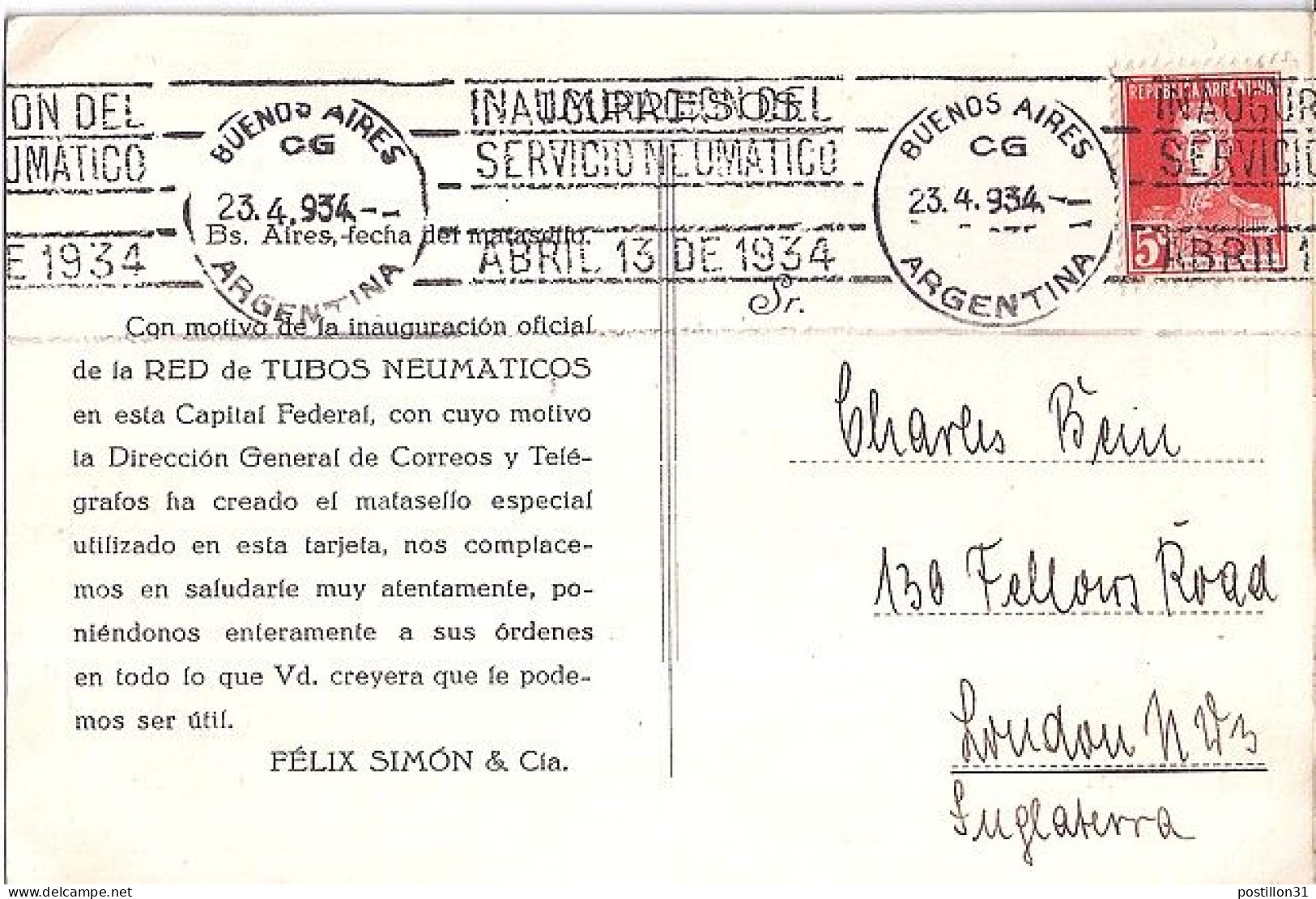 ARGENTINE N° 281 S/CP. DE BUENOS AIRES/23.4.34 POUR L’ANGLETERRE - Brieven En Documenten