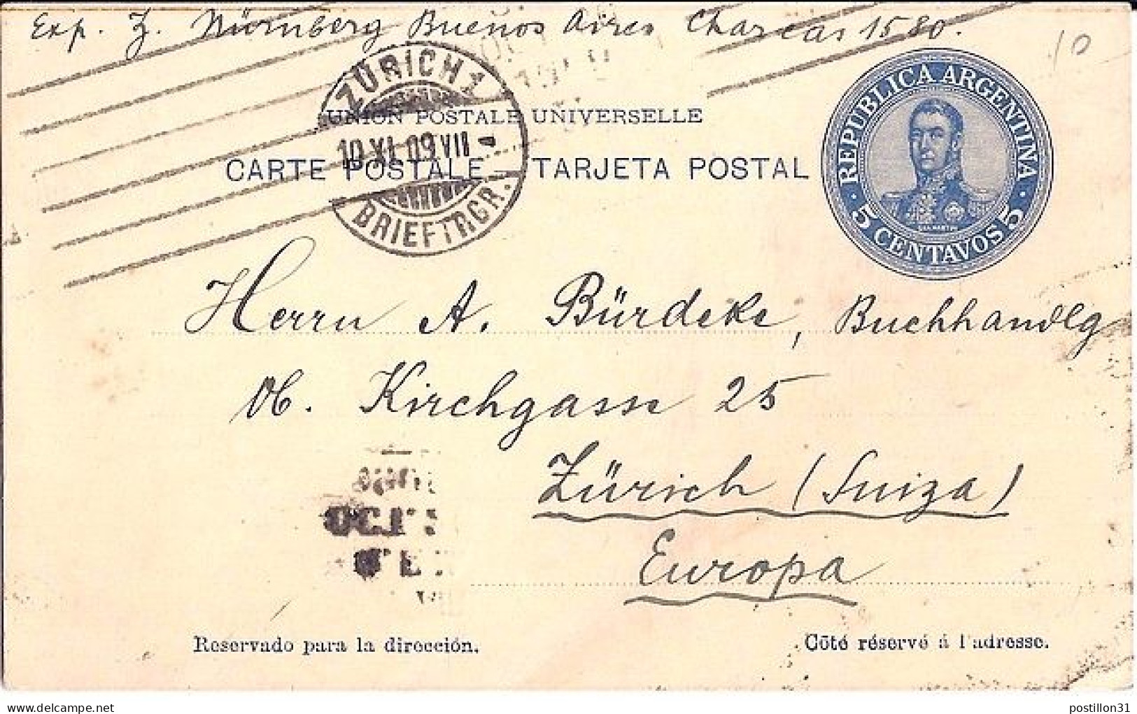 ARGENTINE N° ENTIER POSTAL CP DE BUENOS AIRES/20.10.09 POUR LA SUISSE - Lettres & Documents