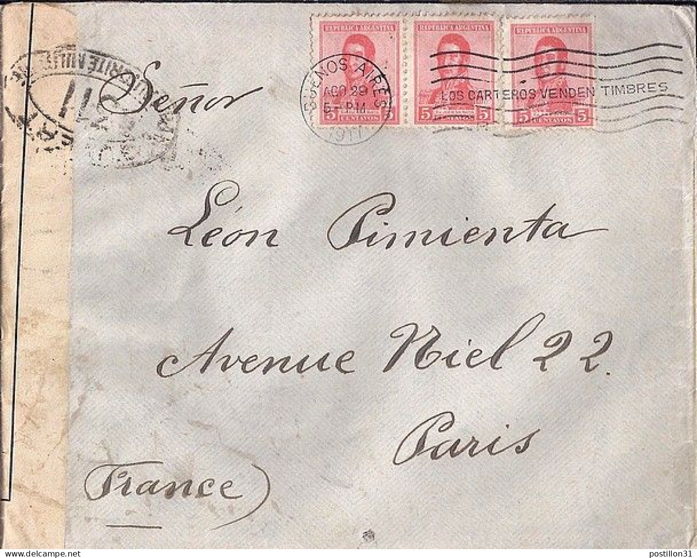 ARGENTINE N° 217x3 S/L. DE BUENOS AIRES/29.8.17 POUR LA FRANCE + CENSURE - Briefe U. Dokumente