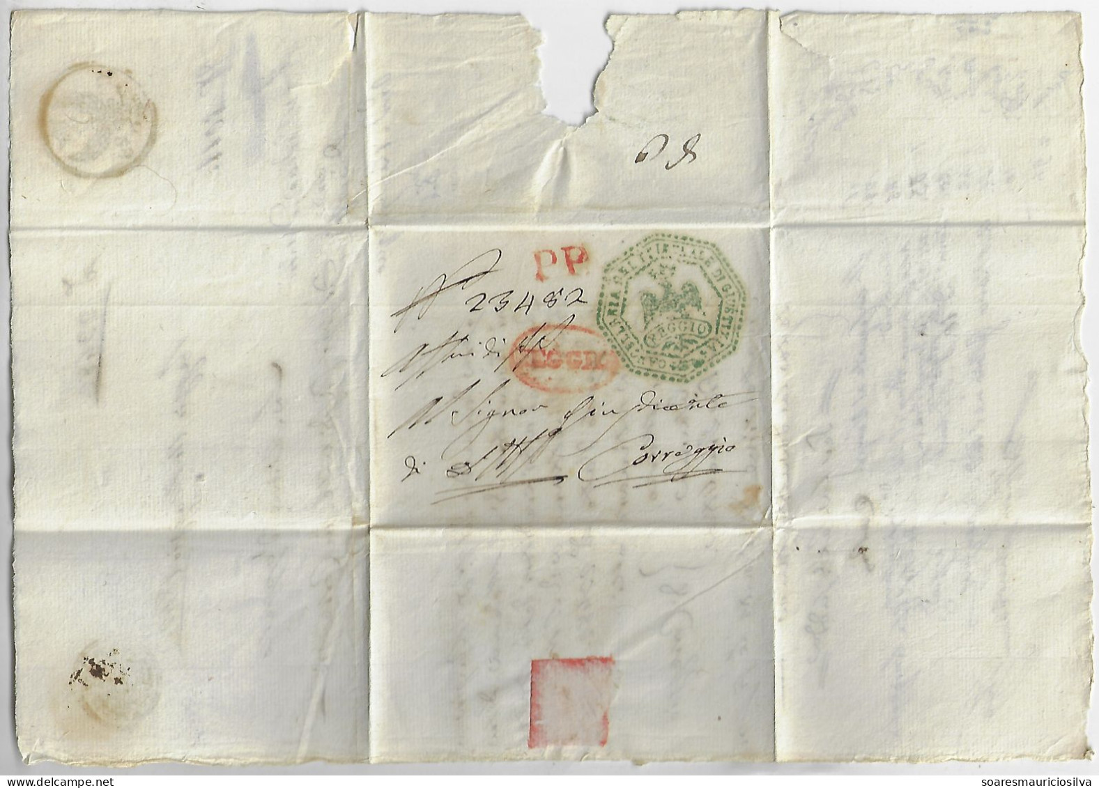 Italy Modena 1842 Fold Cover Registered From Reggio To Caravaggio Bollata 25 Cents Eagle Cancel Paper With Watermark - Modena