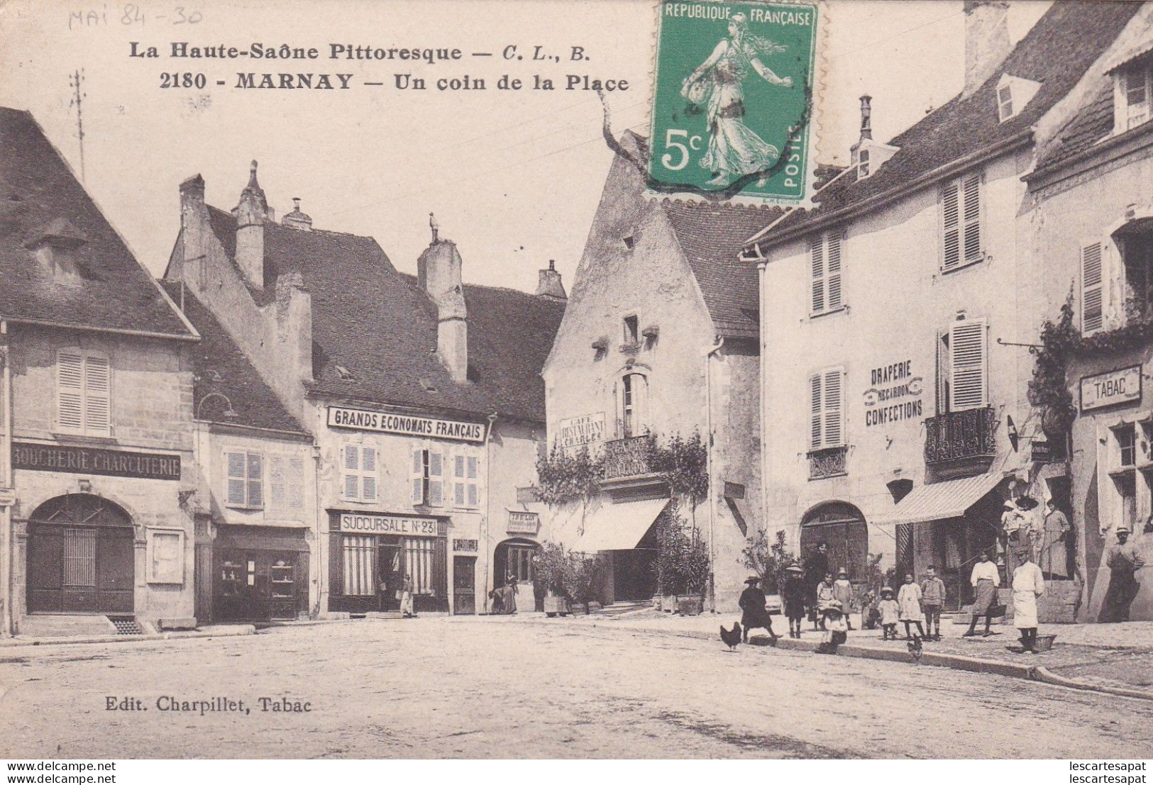 MARNAY UN COIN DE LA PLACE Cachet Ministere De La Guerre Controle Postal Pontarlier - Marnay