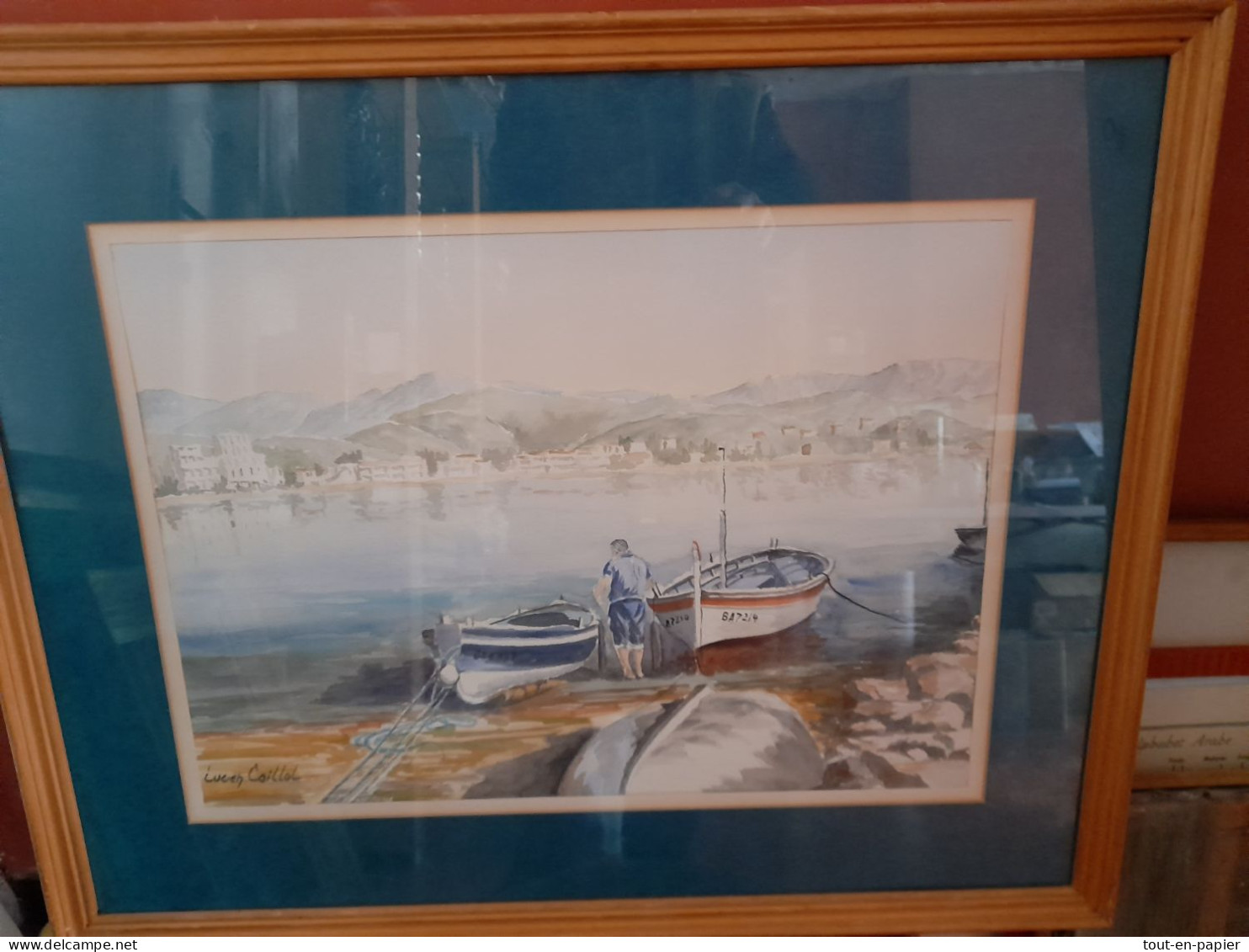 Peinture Tableau - Aquarelle Originale Signée Lucien Caillol - Port De Llanca Costa Brava Espagne - Barques Bateaux - Acuarelas