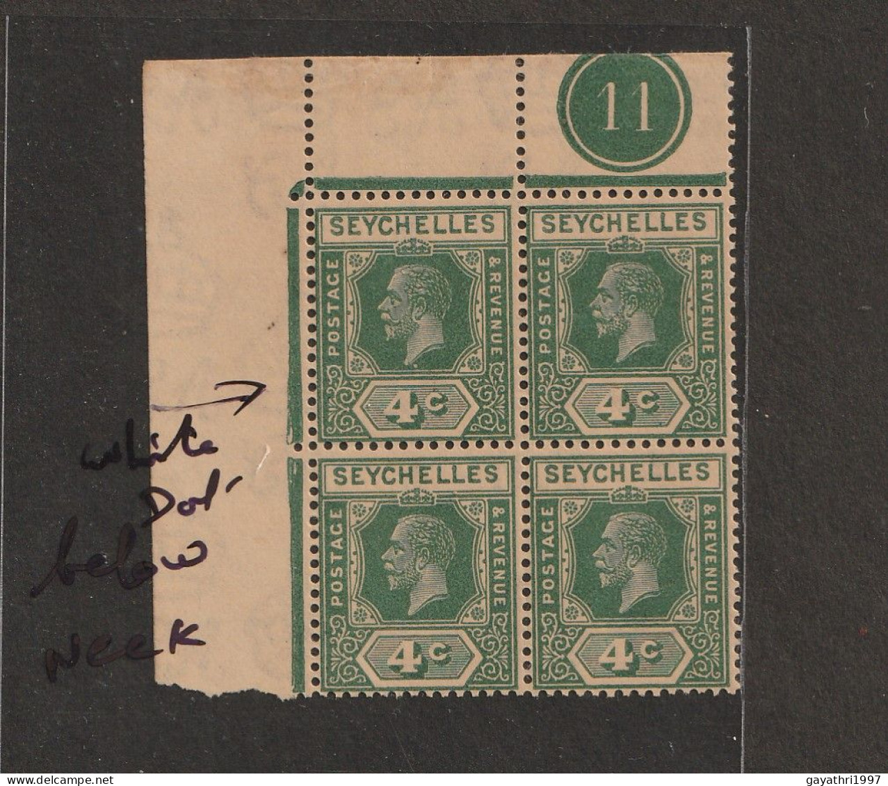 Seychelles 1922K G Vth SG 101 4c Green W/M Mult Script CA  Mint MNH Mint Block Of 4 Variety (sh2) - Seychelles (1976-...)