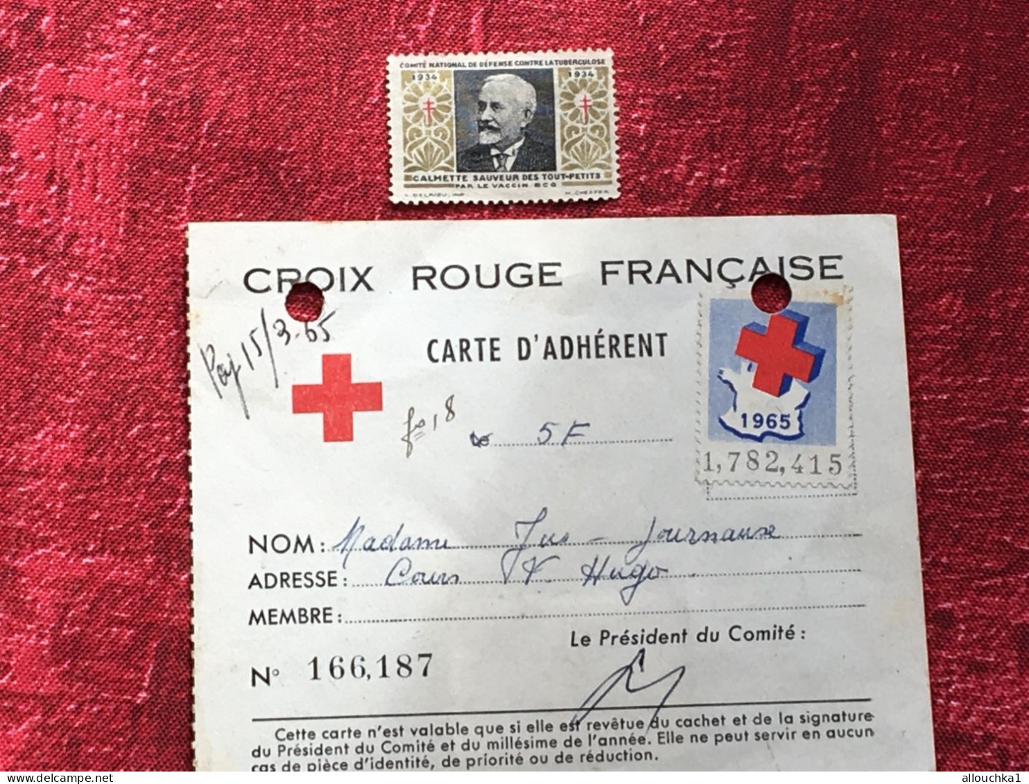 Croix Rouge Française-carte +2 Timbre Cotisation Adhèrent 1965-R.V Red Cross-Vignette-Erinnophilie-Stamp-Viñeta-Bollo - Cruz Roja