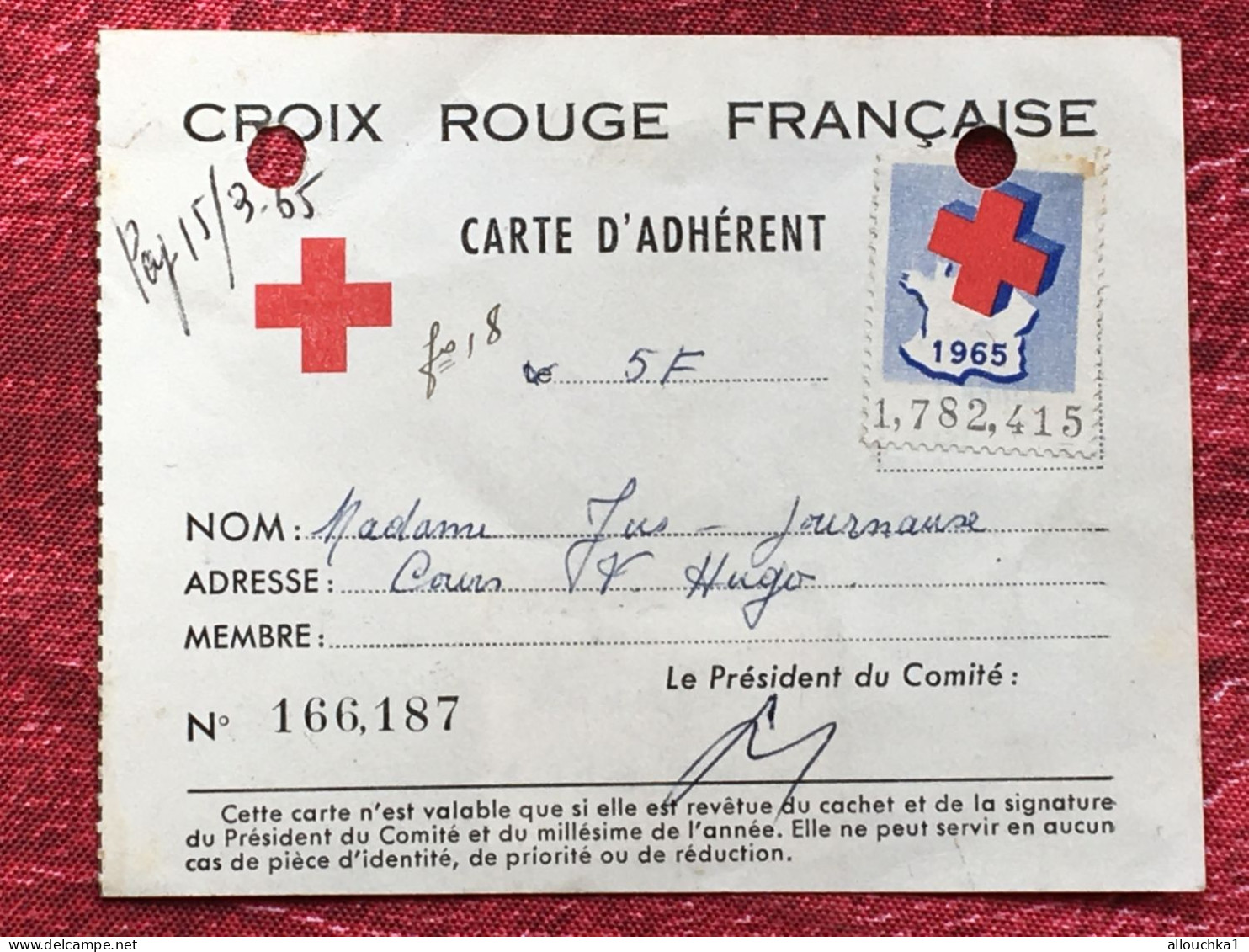 Croix Rouge Française-carte +2 Timbre Cotisation Adhèrent 1965-R.V Red Cross-Vignette-Erinnophilie-Stamp-Viñeta-Bollo - Rotes Kreuz