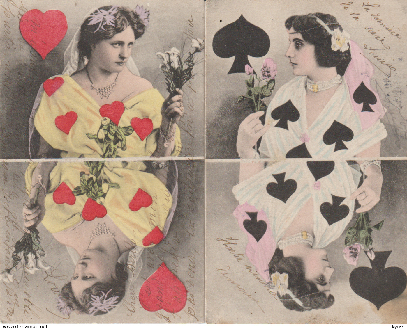 Lot De 4 Cpa : Cartes à Jouer . Les 4 DAMES :Trèfle, Coeur, Pique, Et Carreau - Playing Cards