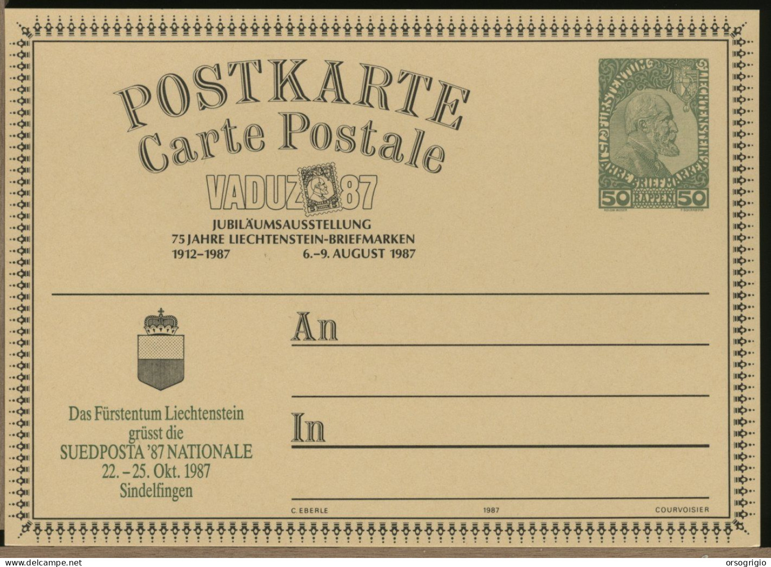 LIECHTENSTEIN - Cartolina Intero Postale - POSTKARTE - SUEDPOSTA NATIONALE 1987 - Entiers Postaux