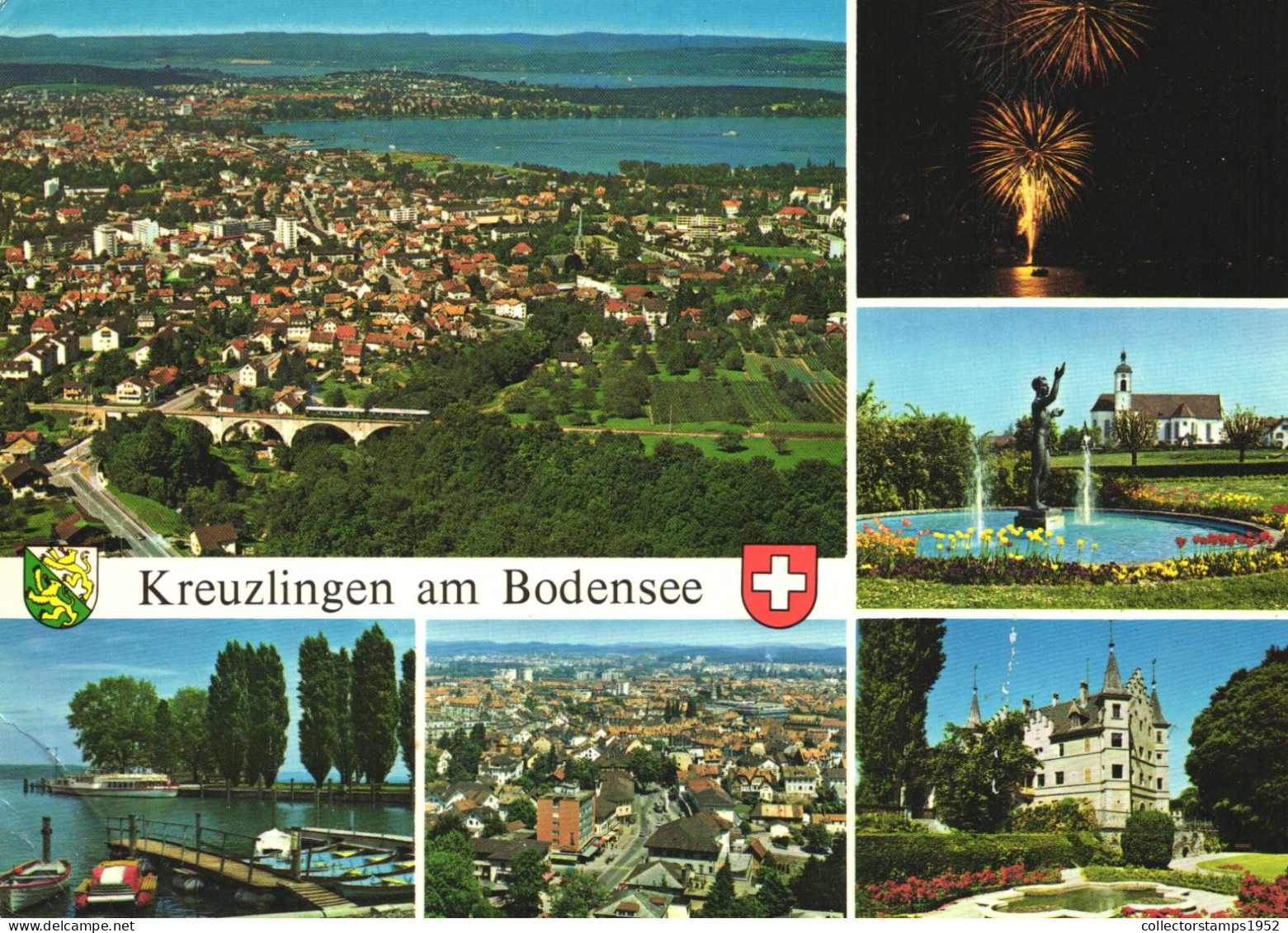 KREUZLINGEN, BODENSEE, MULTIPLE VIEWS, ARCHITECTURE, PORT, BOATS, PARK, FIREWORKS, FOUNTAIN,STATUE,SWITZERLAND, POSTCARD - Kreuzlingen