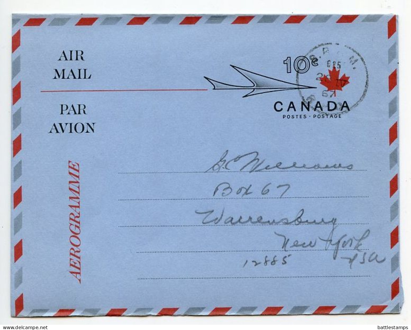 Canada 1967 Unitrade U24 10c. Airplane & Expo 67 Aerogramme, RPO Postmark - 1953-.... Reign Of Elizabeth II