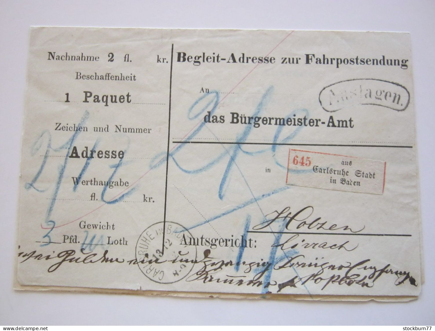 BADEN , Karlsruhe , Fahrpostsendung , Auslagenbrief  Um 1872 - Covers & Documents