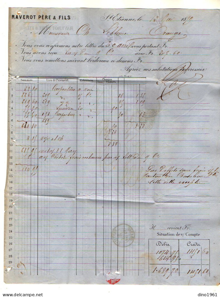 VP22.901 - 1879 - Bordereau - Banque, RAVEROT Père & Fils à SAINT - ETIENNE Pour ORANGE - Banco & Caja De Ahorros