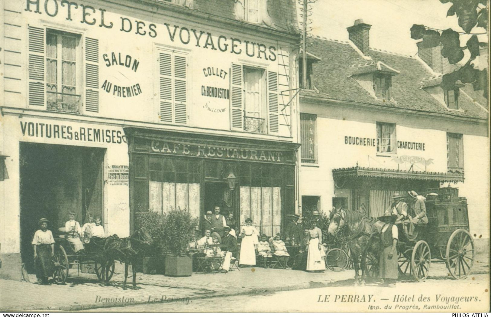 CPA CP Carte Postale Le Perray Hôtel Des Voyageurs Imp Du Progrès Rambouillet Boucherie Charcuterie Attelage Yvelines - Le Perray En Yvelines