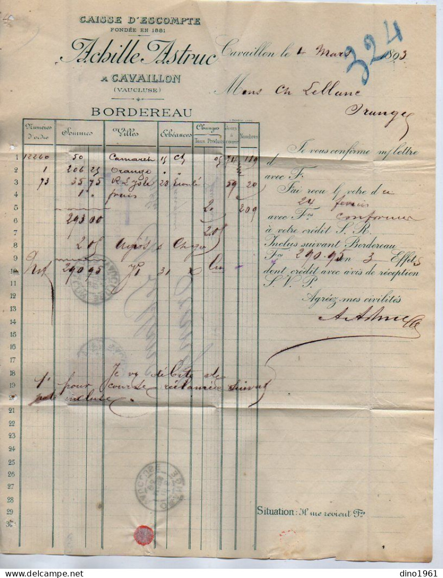 VP22.902 - 1893 - Bordereau - Caisse D'Escompte - Achille ASTRUC à CAVAILLON Pour ORANGE ( Vaucluse ) - Bank En Verzekering