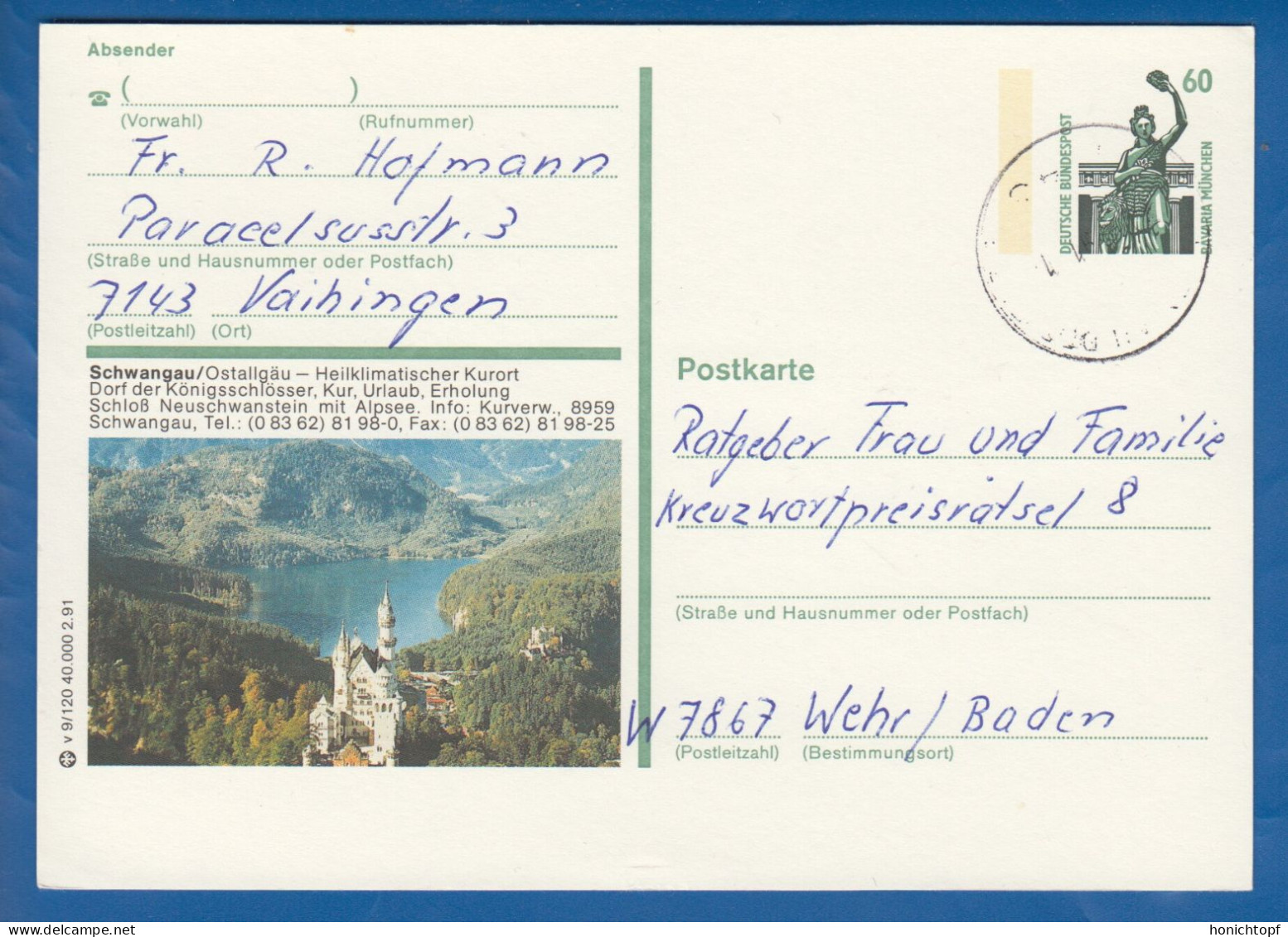 Deutschland; BRD; Postkarte; 60 Pf Bavaria München; Schwangau; Ostallgäu - Postales Ilustrados - Usados