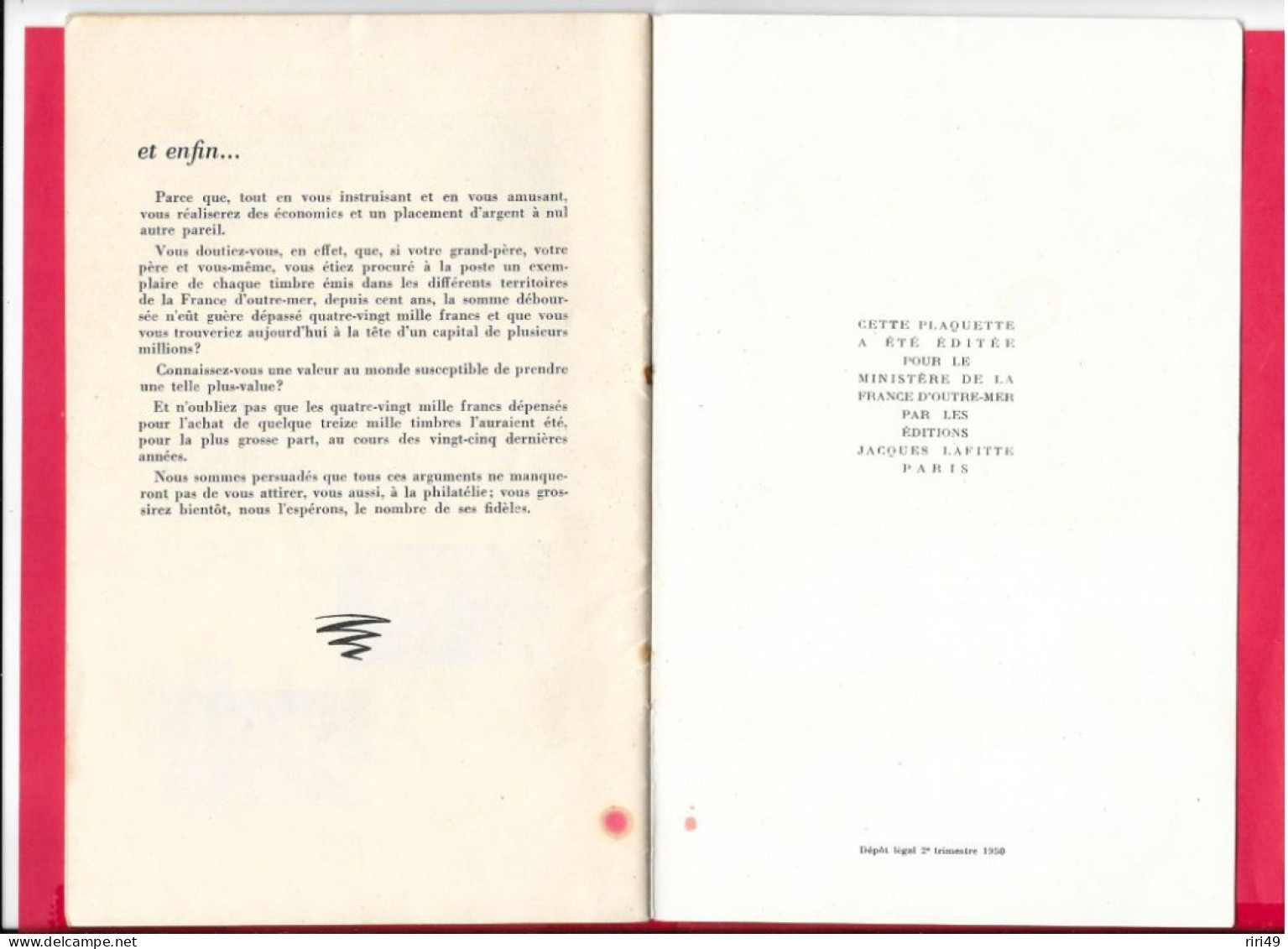 France, La France D'Outre-Mer Et La Philatélie, 1950 32pages, 13.5*24cm VOIR SCANNES 65 GR - Filatelia E Historia De Correos